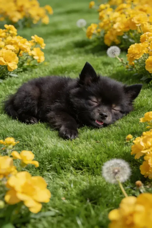 阳光草地上的黑毛博美幼犬休息场景
