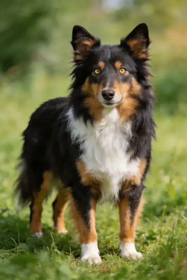 黑棕白相间的澳洲牧羊犬站在草地上