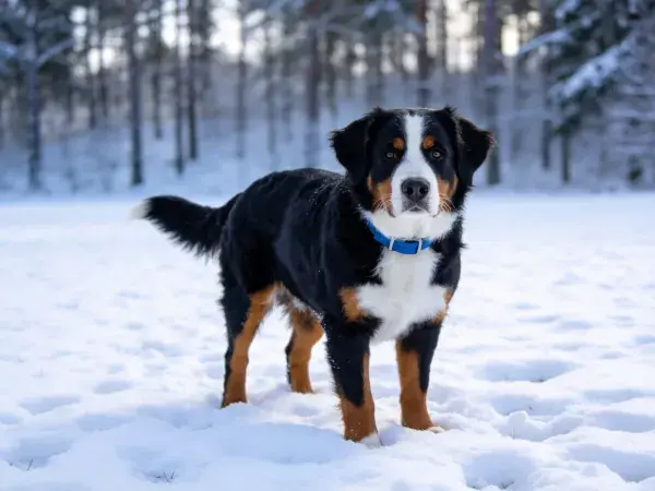 雪地中伯恩山犬站立姿态
