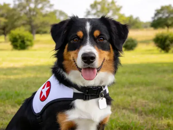 阳光明媚草地上的三色边牧混种犬