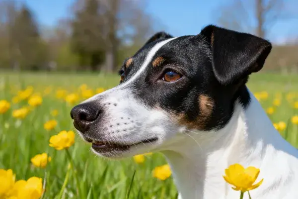 杰克罗素梗犬凝视花丛