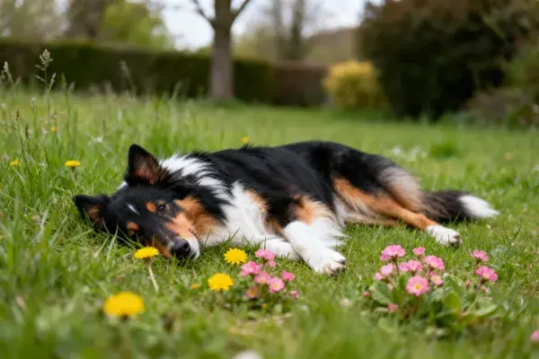 草地上的三色边境牧羊犬休憩场景