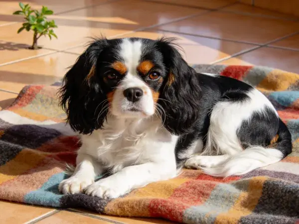 马赛克图案毯上的查理王小猎犬静态画面