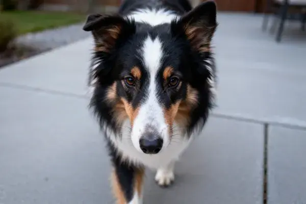 庭院中三色边境牧羊犬近景