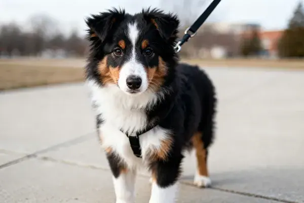 户外步道上的澳大利亚牧羊犬小狗