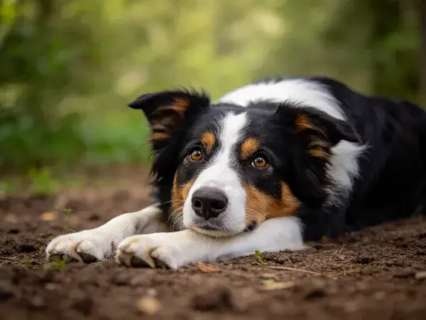 林间泥土上黑白棕相间边境牧羊犬休息场景