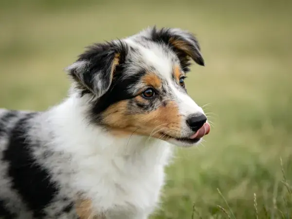 草地上的澳大利亚牧羊犬幼犬舔舐瞬间