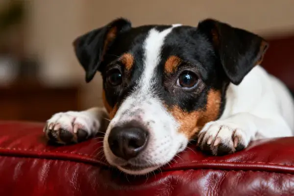 黑白相间的杰克罗素梗犬靠在红色皮革表面