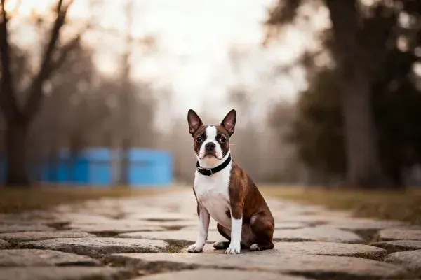 石板步道旁的波士顿梗犬