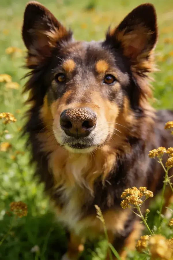 长毛混血犬在花草间的特写镜头