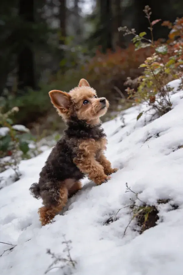 林间雪地上的约克夏梗犬