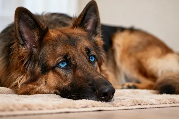 室内地毯上的蓝眼德牧犬躺卧