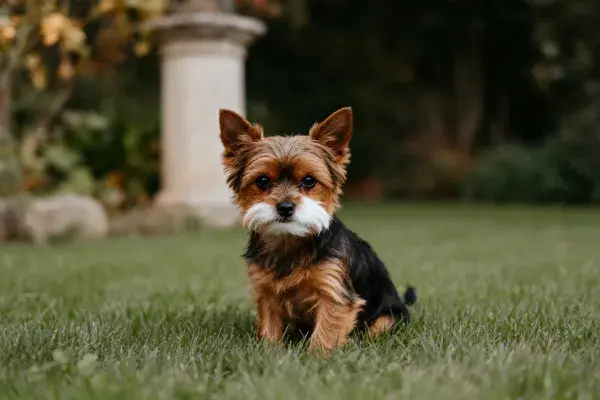 户外草坪上的约克夏梗犬