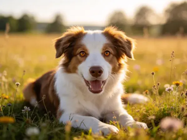 草地中边境牧羊犬躺卧特写