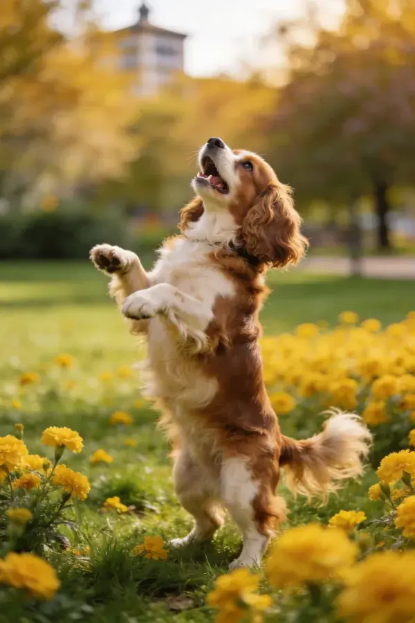 草地黄花间的可卡犬跳跃姿态