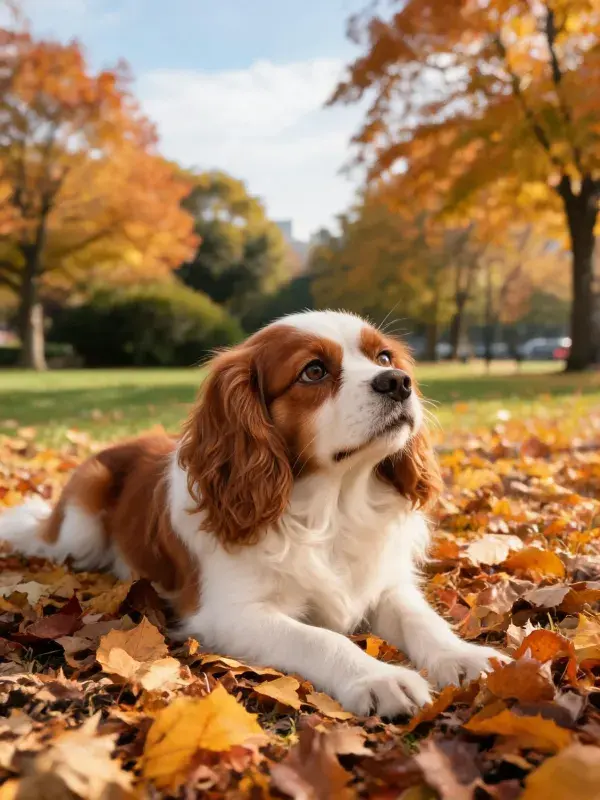 阳光下落叶中的可卡犬