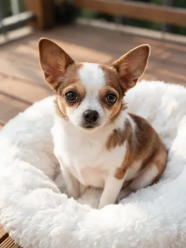 吉娃娃犬在柔软宠物床上的特写
