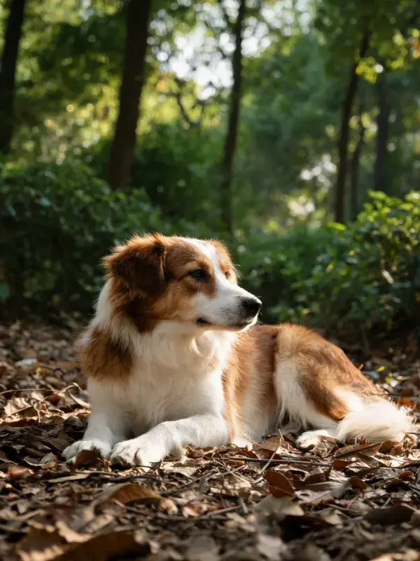 林间落叶处边牧混种犬休憩场景