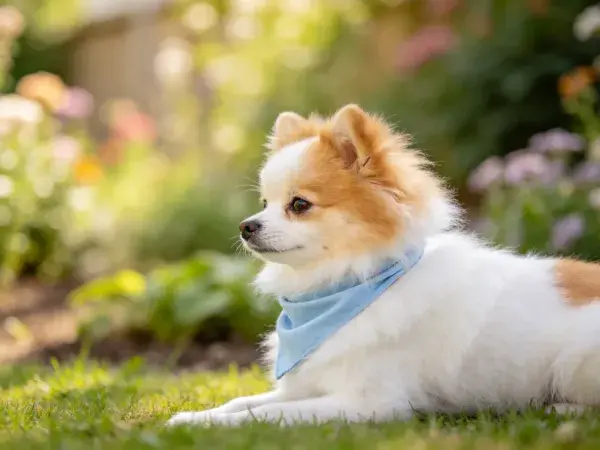 阳光花园中的博美犬特写镜头