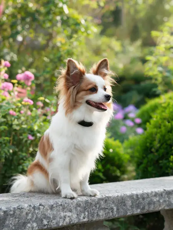 蝴蝶犬在花园石台上观察