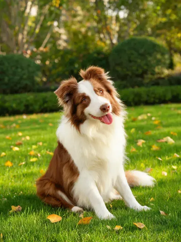 棕色白色相间的边境牧羊犬坐在草地上