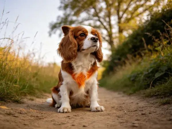 乡间小路上的查理王小猎犬