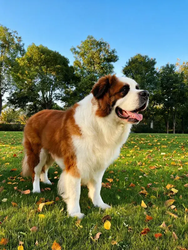 阳光草地上的圣伯纳犬