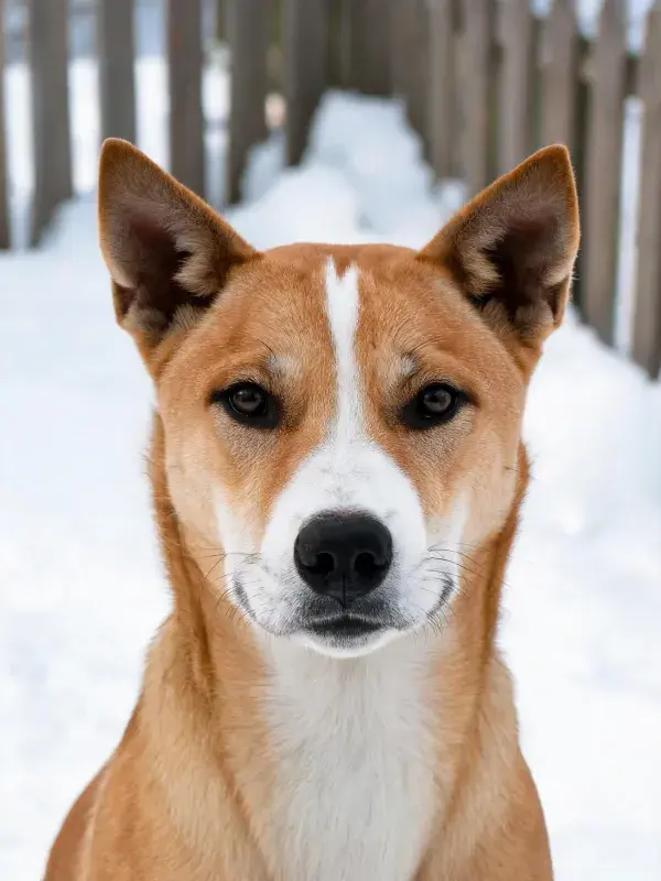 冬日雪地中浅棕色混血猎犬特写