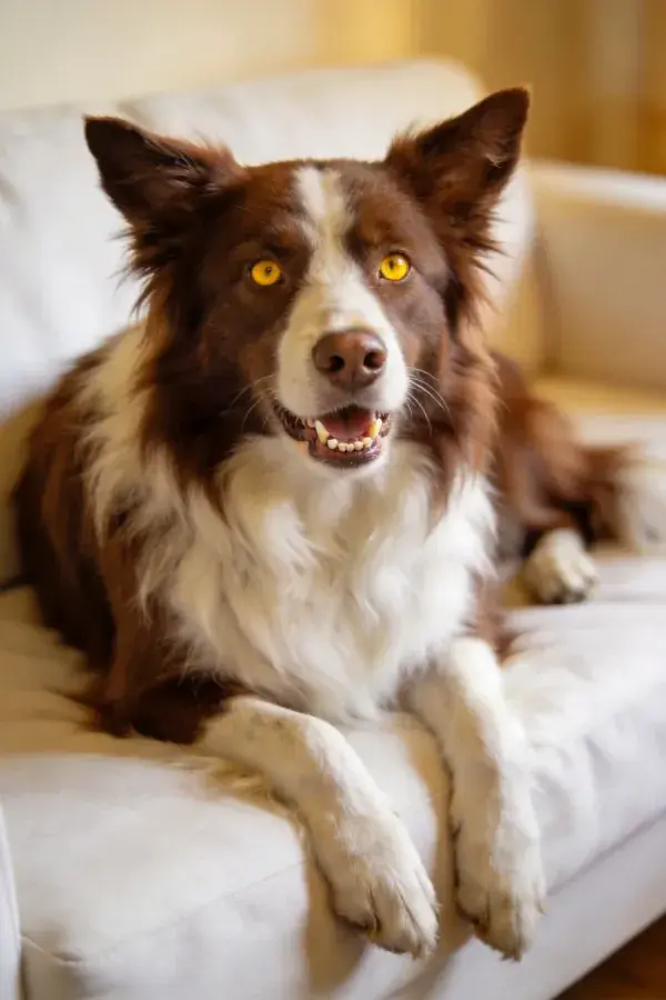 室内沙发上的棕白边境牧羊犬