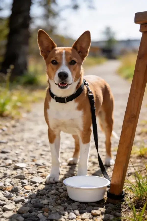 户外碎石路面上的巴仙吉犬饮水场景