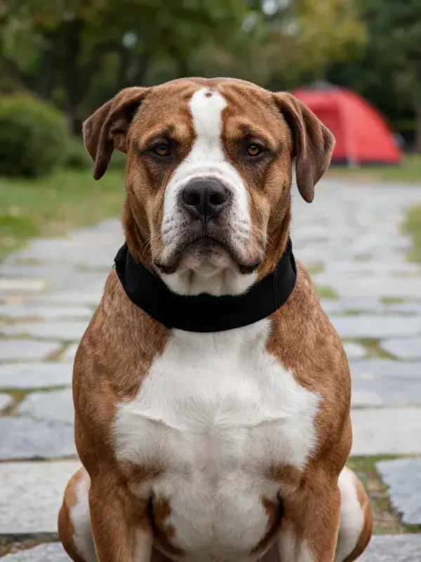 石板路上坐着的棕白相间的美国斗牛犬