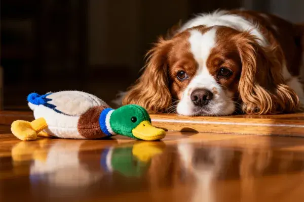 可卡犬与玩具鸭的近景特写