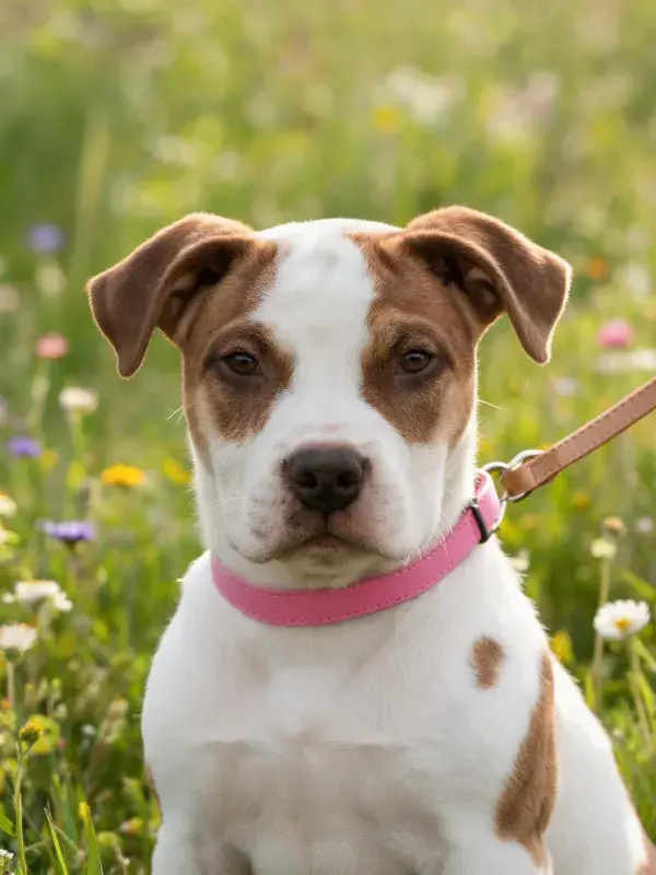 阳光下草地上的拳师犬幼犬特写