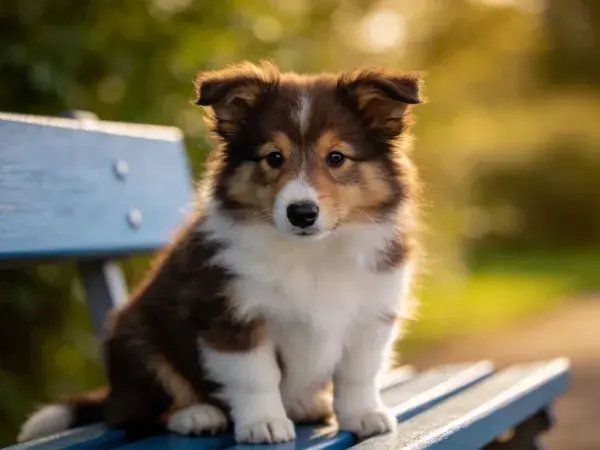 露天长椅上的苏格兰牧羊犬幼犬特写