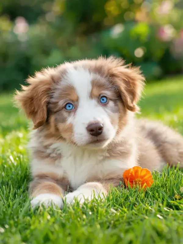 澳大利亚牧牛犬幼犬趴卧在草坪上