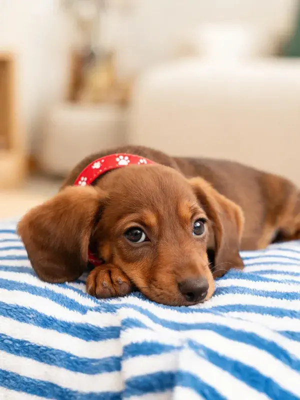 腊肠犬趴卧在条纹布上
