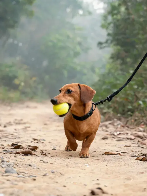 腊肠犬叼网球漫步林间小道
