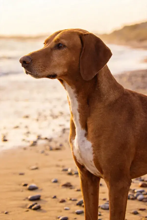 指示猎犬凝视海岸瞬间
