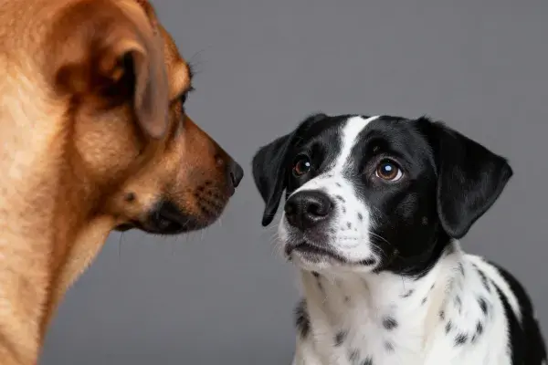 灰色背景下两只混血犬互动场景