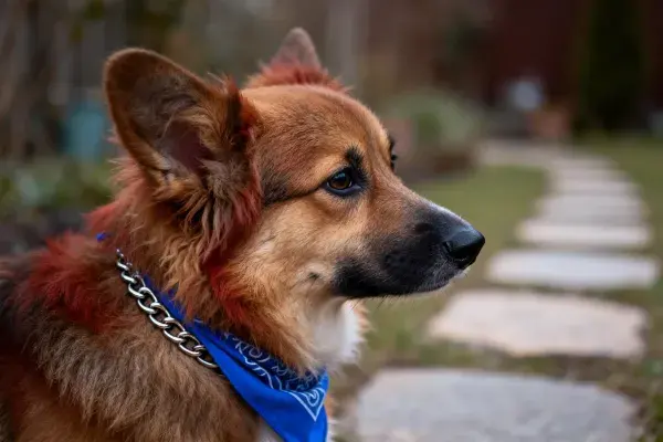 中型混血犬佩戴蓝色围巾的户外照片