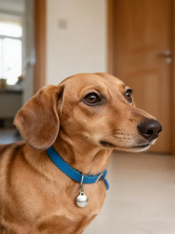 室内环境中戴蓝色项圈的腊肠犬特写
