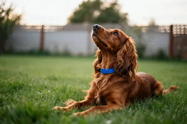 爱尔兰赛特犬仰望草地场景