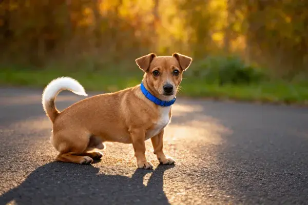 阳光下步道上的小型混血犬