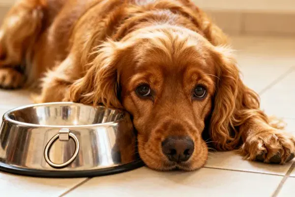 地面旁英国可卡犬与不锈钢食盆的场景