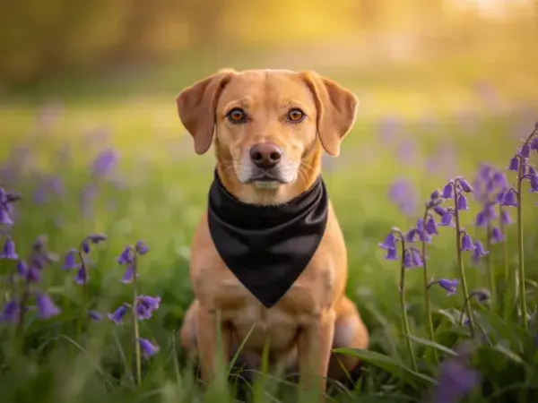 草地蓝铃花丛中的短毛混种犬