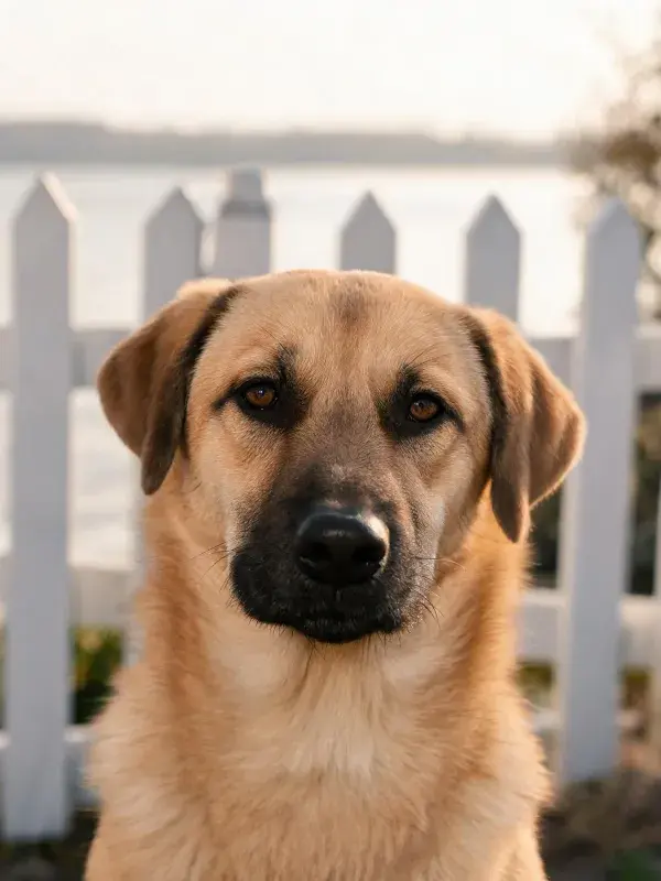 白色栅栏前浅棕色短毛犬特写