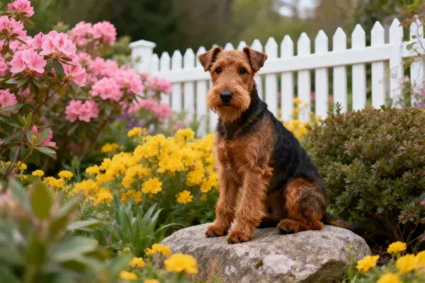 花园栅栏旁的石块上的艾尔金猎犬