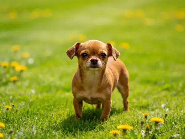 草地阳光下的吉娃娃犬特写
