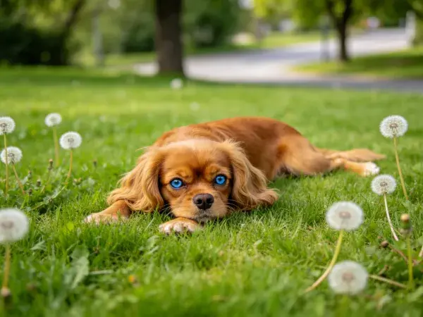 可卡犬躺卧在草地蒲公英旁的场景特写