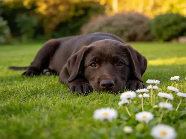 草地光影下的巧克力色拉布拉多幼犬